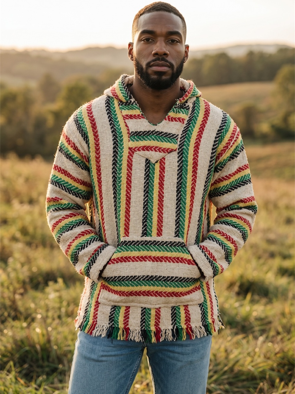 Baja Joe Rasta Stripe Baja Hoodie Drug Rug Pullover – Men’s Sweater